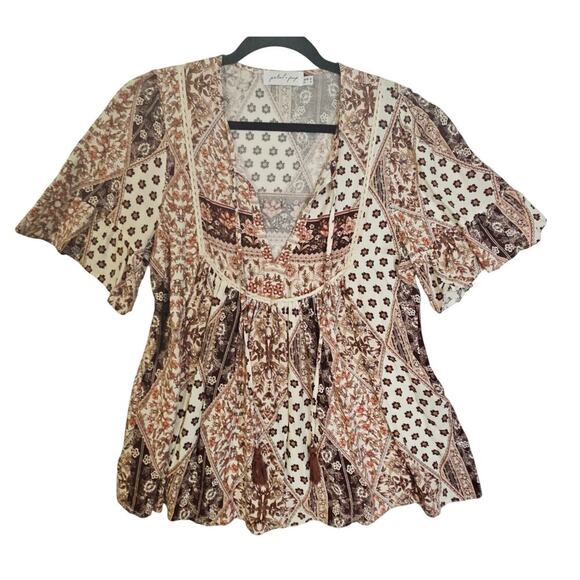 Petal and Pup Boho Sz8 Hippie 70s Vibe blouse w Tassles. Floral. Lace Accents. - Picture 1 of 14